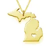 Michigan Map Stainless Steel Pendant Necklace with Love Heart USA State MI Geography Map Necklaces Jewelry for Women and Men