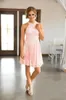 Nieuwe Land Korte Bruidsmeisjes Jurken voor bruiloften Halster Juweel Neck Full Lace Blush Pink Peals Plus Size Empire Taille Maid of Honorjurken