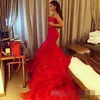 New Sexy Profundo Decote Em V Vermelho Sereia Organza Vestidos de Baile 2019 Com Caixilhos Robe De Soirée Longo Trem Vestido de Noite