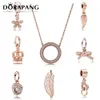 DORAPANG Authentic 925 Sterling Silver Beads Hearts Of Crystal Pendant Necklace Fits European Style Jewelry Rose Gold Plated for Women