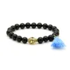 Nuevo diseño al por mayor 10pcs / lot 8mm Natural Black Onyx Stone Beads Blue And Sky Blue Tassel Buddha Head Couple Bracelet