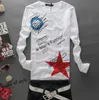 Hot Men's Cotton T-shirt Long Sleeve O-neck Star Letters Print Tops Tee Mens T-shirts White M