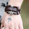 Multi-Layer Cross Pendant Charm Armband för män Unisex Casual Äkta Läder Bangles Trä Bead Mode Smycken Partihandel