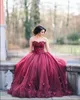 Robe de bal rouge foncé soirée robes de bal chérie dentelle tulle pétale orné longueur de plancher 2019 douce 16 robes formelles dentelle App290R