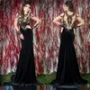 Sirena nera da sera Veet gioiello maniche lunghe corpetto illusione abiti da ballo cerniera posteriore con applique Sweep Train abiti formali 2017
