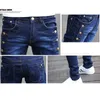 Whole-Fashion Teenager Stretch Slim Fit Schwarz und Blau Knopf Designer Casual Jeans Jungen Hip Hop City Streetwear Männer Bleistift 258T