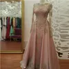 Blush Rose gold Long Sleeve Evening Dresses for Women Wear Lace Appliques crystal Abiye Dubai Caftan Muslim Prom Party Gowns275Y