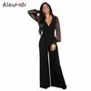 Wholesale- Aleumdr 섹시한 바지 정장 검은 색 수갑 커프스 바지 레이스 jumpsuit 메쉬 긴 소매 rompers womens playsuit lc6650 femme