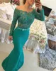 Modern Long Sleeve Lace Mermaid Prom Dress Pearls Off-the-shoulder Sheer Bodice Green Evening Dress vestido formatura curto