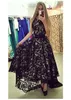 Jewel Hals Black Lace mouwen Hoog Laag Prom Dresses met Sash Avondjurk vestidos de Formatura longo