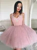 Dusty Pink Homecoming Dresses Applique V-Neck Ärmlös Zipper Tillbaka Mini Party Dress Cocktail Klänning Billiga Kort Prom Klä Puffy Tulle Dres