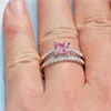 패션 10KT 화이트 골드 핑크와 화이트 광장 다이아몬드 CZ 보석 반지는 여성을위한 웨딩 신부 밴드 보석 서트를 설정 채워진 2 -에서 - 1
