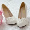 Mode Parels Platte Trouwschoenen Voor Bruid 3D Bloemen Geappliceerd Hoge Hakken Plus Size Ronde Neus Kant Bruids Shoes2659