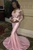 Attractive Plunging Sexy Evening Long Illusion Sleeves Prom Gowns Back Zipper Mermaid Style Custom Made Formal Party Dresses African