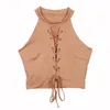 Wholesale- Women Sexy Lace Up Tie Front Stretch Crop Bandage Shirt Seeveless Halter Ladies Solid Color Tops