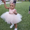 Bebê Infantil Criança Vestidos de Festa de Aniversário Blush Rosa de Ouro Lantejoulas Arco de Renda Tripulação Pescoço Chá Comprimento Tutu Vestidos de Casamento Da Menina de Flor 2019