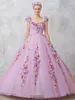 Roze 3D-applique baljurk Quinceanera jurken strapless nek met afneembare riemen kralen prom jurken tule veter-up rug zoete 16 jurk