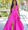 Long Fuschia Prom Robes Fashion Deep V coude côté coulire longueur de plancher moderne filles robes de fête Taille 6231321