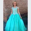 Brilhante Halter Pageant Vestidos Para Meninas Adolescentes Frisado Uma Linha Teal Flower Girl Vestidos Para Casamentos Junior Glitz Primeira Comunhão Vestido Crianças