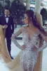 2017 Luxo Rhinestone Dubai Vestidos de Casamento com Destacável Train Illusion Decote Longo Mangas Drives Nupcial Vestido De Noiva De Sereia Lindo