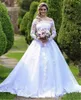 Princess Bateau Lace Ball Gown Wedding Dresses 3d Floral Applique Puffy Cheap Country Wedding Dresses Sheer Neck Long Sleeve Covered Beach