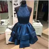 2017 Sexy Cocktail Dresses High Neck Crystal Beaded Teal Hunter Navy Blue Prom Dresses Hollow Back Party Dress Plus Size Homecoming Gowns