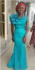 Turquoise Long Aso Ebi Evening Dresses With One Long Sleeves Beaded Red Carpet Dresses With Big Shoulder Flowers Custom Made Party Gowns