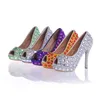 El más nuevo diseñador Crystal Colorful Rhinestone Peep Toe Zapatos de boda nupciales Purple Silver Green AB Crystal Red Stiletto Party Prom 12cm