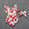 Baby Girl Floral Rompers Bodysuit med huvudband Ruffles Sleeve 2pcs Set Knappar Sommar Ins Romper Passar 6 stilar