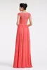 Nya Real Coral Modest Chiffon Lace Bridesmaid Dresses Cap Sleeves Lång A-Line Golvlängd Bröllopsgäster klär Billiga Maids of Honor