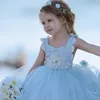 Lovely Baby Blue Princess High Low Girls Dresses Spaghetti Strap Hand Flower First Communion Gown Tulle Pageant Dress for Children 326 326