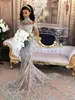 Lyxig Sexig Sheer Tulle Afton Gown Beaded Lace Appliques High Neck Illusion Långärmad Champagne Mermaid Engagement Formell Klänning