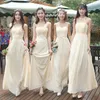 Land bruidsmeisje jurken chiffon lange bruidsmeisje jurk Europese stijl kant-up terug in voorraad blauw, licht paars, licht geel, roze goedkoop