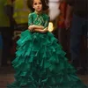 2020 Girls Pageant Dresses Jewel Neck Emerald Green Lace Appliques Kids Tiered Ruffles Organza Flower Girls Dress Princess Birthday Gowns