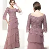 Elegant 2017 nieuwe bleke mauve kant en chiffon moeder van de bruid jurken goedkope 3/4 lange mouwen tiered moeder bruidegom jurk EN1217