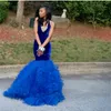 2k17 Black Girl Velvet Prom Dress V-Neck Sleeveless Mermaid Graduation Party Gowns With Tiered Organza Train Stylish Royal Blue Evening Gown