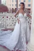 Kleider luxuriöser Spitzen -Meerjungfrau Brautkleider mit abnehmbarem Zug 2017 neueste nacken lange Ärmel Brautkleider Applizes Rückenknöpfe