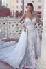 Luxury Lace Mermaid Wedding Dresses With Detachable Train 2017 Newest Sheer Neck Long Sleeves Bridal Gowns Appliques Back Buttons Vestidos