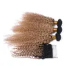 Inslagen #1B/27 Honingblond Ombre Braziliaanse Maagd Kinky Krullend Menselijk haar Weefbundels met donkere wortels Lichtbruin Ombre 4x4 Vetersluiting