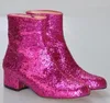 T-steg kvinnor glitter fotled stövlar kvadratklackar sparkly booties falla vinter feminino botas röd silver guld skor kvinna