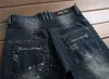 Wholesale- European American Style fashion brand mens jeans luxury Men's denim trousers Slim Straight hole blue zipper jeans pants for men