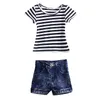 Baby flickor boutique kläder set strip tops denim shorts byxor för sommar barn svart bodysuit barn kläder cool outfit set play6940628