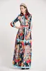 女性用Oネック長袖ボウのディテール花柄の印刷された縞模様のプリーツエレガントなマキシ滑走路ドレス