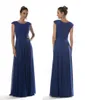 Royal azul rendas chiffon modesto dama de honra vestidos tampão mangas comprimento longo piso formal uma linha simples vestidos de festa de casamento cai barato