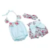 Pagliaccetto della neonata Pagliaccetti di cotone floreale petalo + Pantaloncini di bowknot + Fascia di orecchio di coniglio infantile 3pcs Set tute per bambini estate Tuta infantile C478