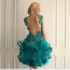 2017 New Emerald Green Short Prom Dresses Appliques Lace Tiered Organza High Low Cheap Backless Prom Dress Formal Party Gowns Custom Made