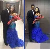 Sunjai Williams Longue Sirène Robes De Bal 2019 Bretelles Mousseux Perles Strass Bleu Royal Volants Organza Robes De Soirée Formelles