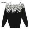 Partihandel - Oftbuy 2017 New Spring Autumn Fashion Floral Broderi Slash Neck Off Shoulder Sexig Svart Stickning Kvinnor Tröjor Och Pullovers