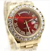 Mode Top Qualité Montre-bracelet de luxe 18K Mens Or jaune 36MM Cadran rouge Plus gros diamant Montre 6 0 Ct Mouvement automatique Hommes Watch311r