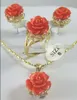 12MM Pink Coral Carved Flower Earrings Ring Necklace Pendant set